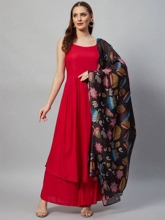 Red Strappy Set - Black Print Dupatta