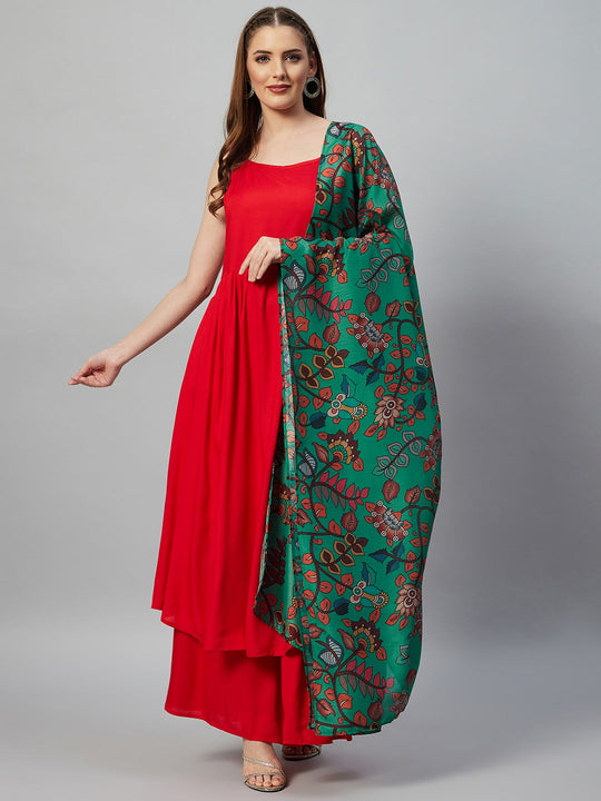 Red Strappy Set- Green Kalamkari Muslin Dupatta