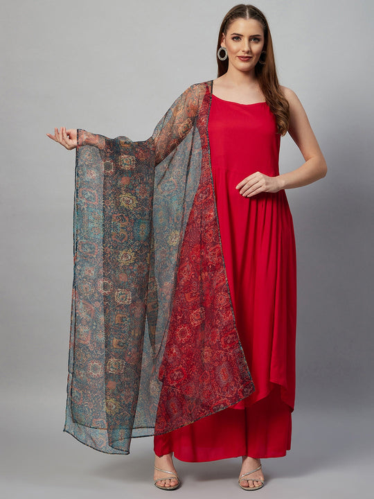 Red Strappy Set - Multi Organza Dupatta