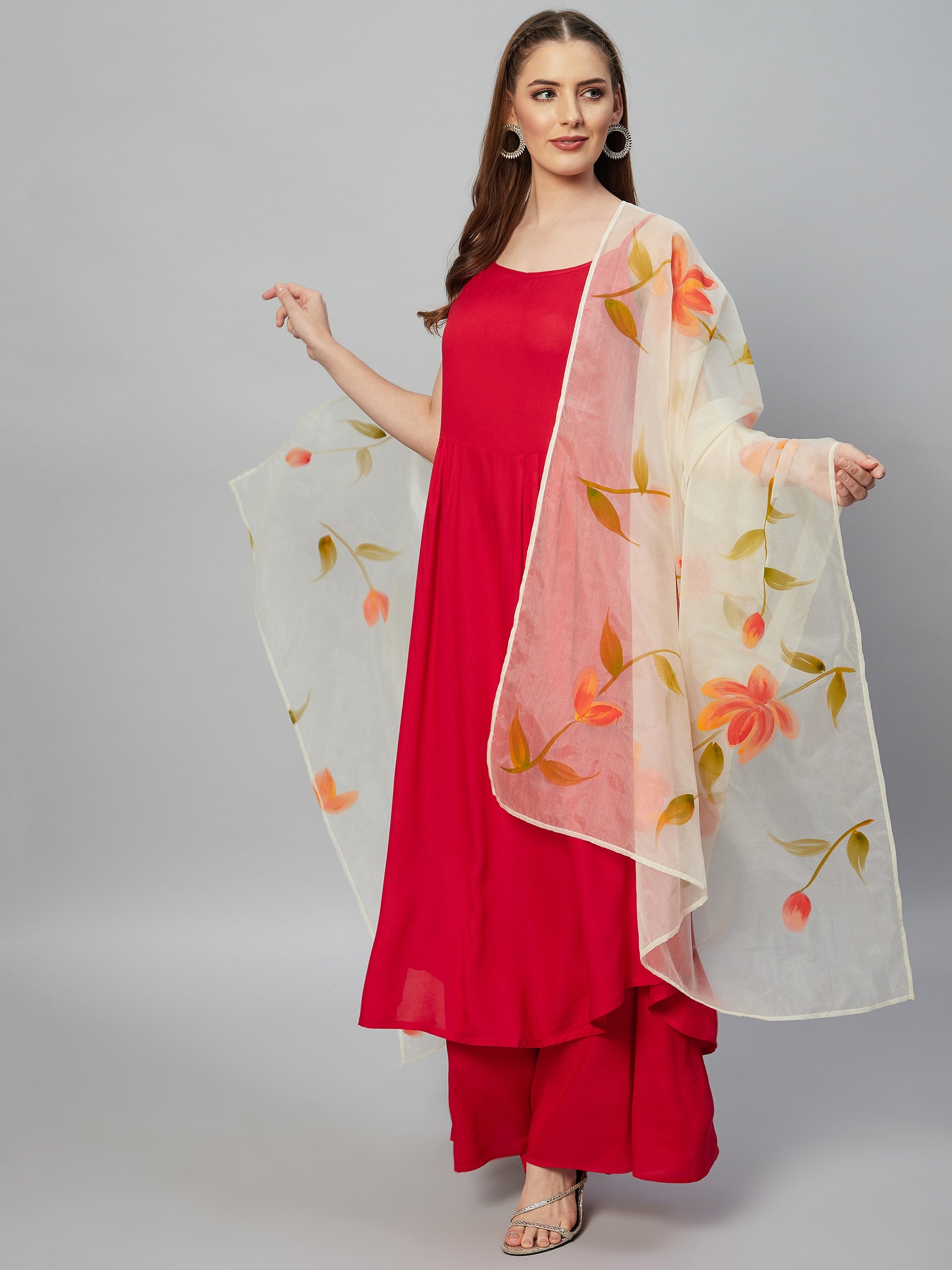 Red Strappy Set - White Hand Print Dupatta