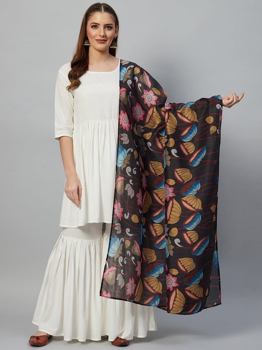 White Sharara Set - Black muslin print Dupatta