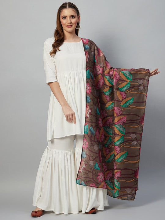 White Sharara Set -Brown Muslin Print Dupatta