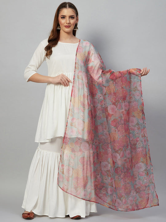 White Sharara Set -Green Print Organza Dupatta