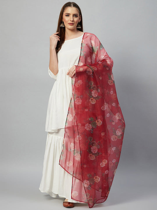 White Sharara Set - Maroon Organza Dupatta