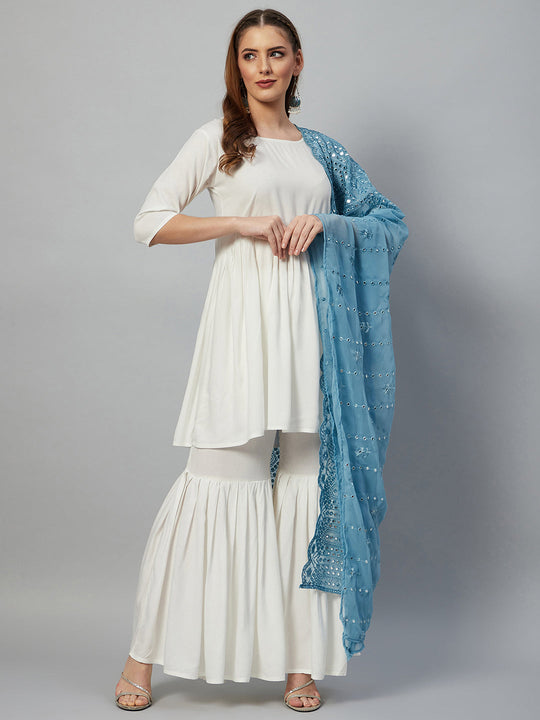 White Sharara Set - Maya Blue Mirror Dupatta