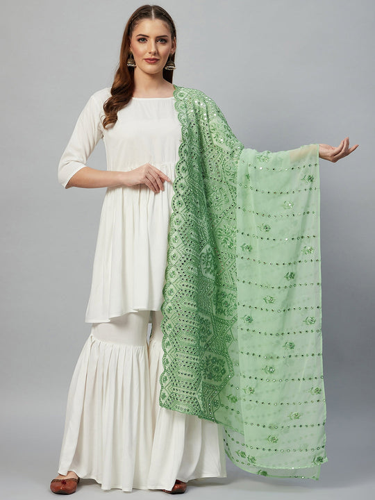 White Sharara Set - Mint Green Mirror Dupatta