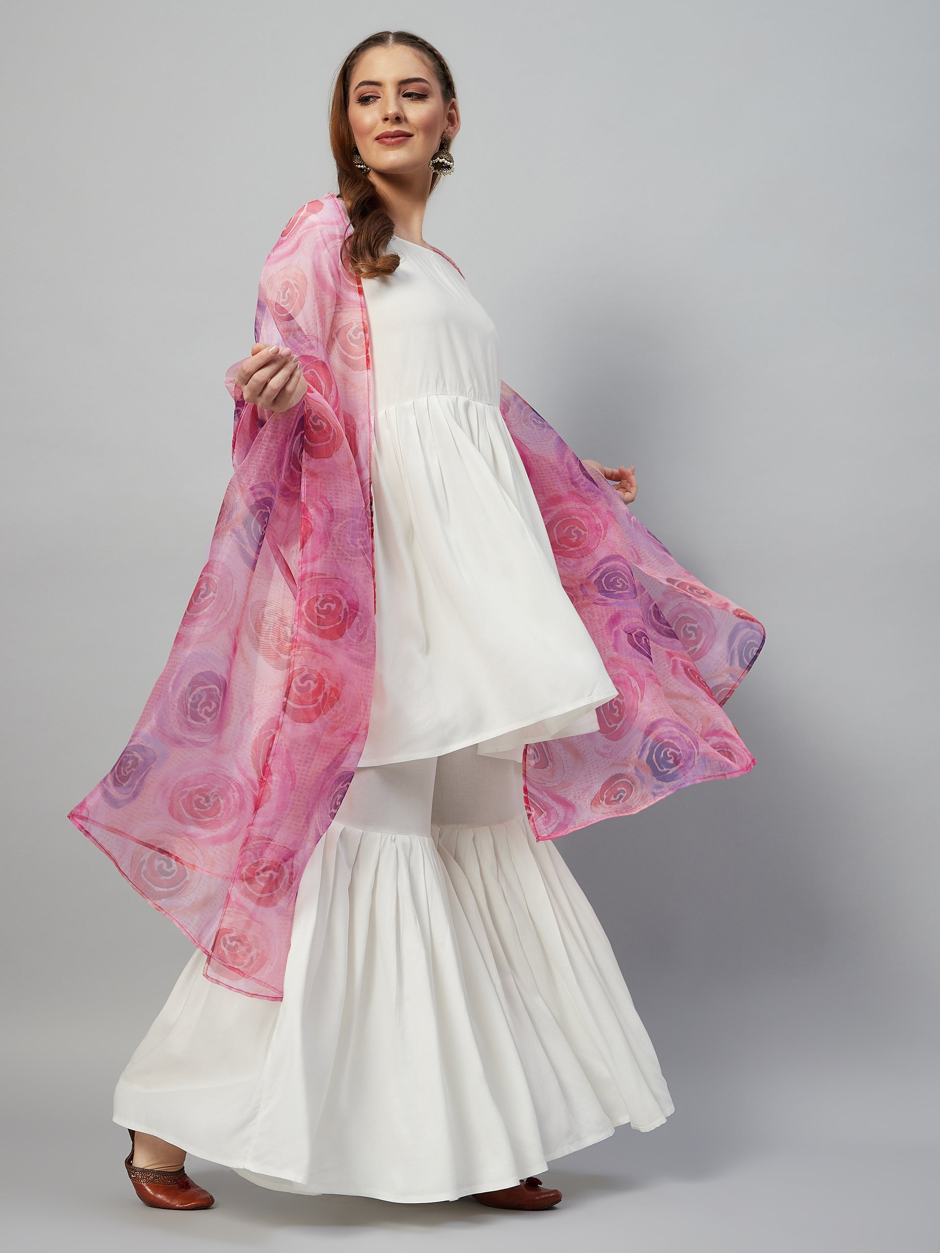 White Sharara Set - Peach Pink Floral Dupatta