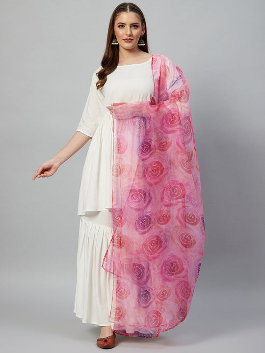 White Sharara Set - Peach Pink Floral Dupatta