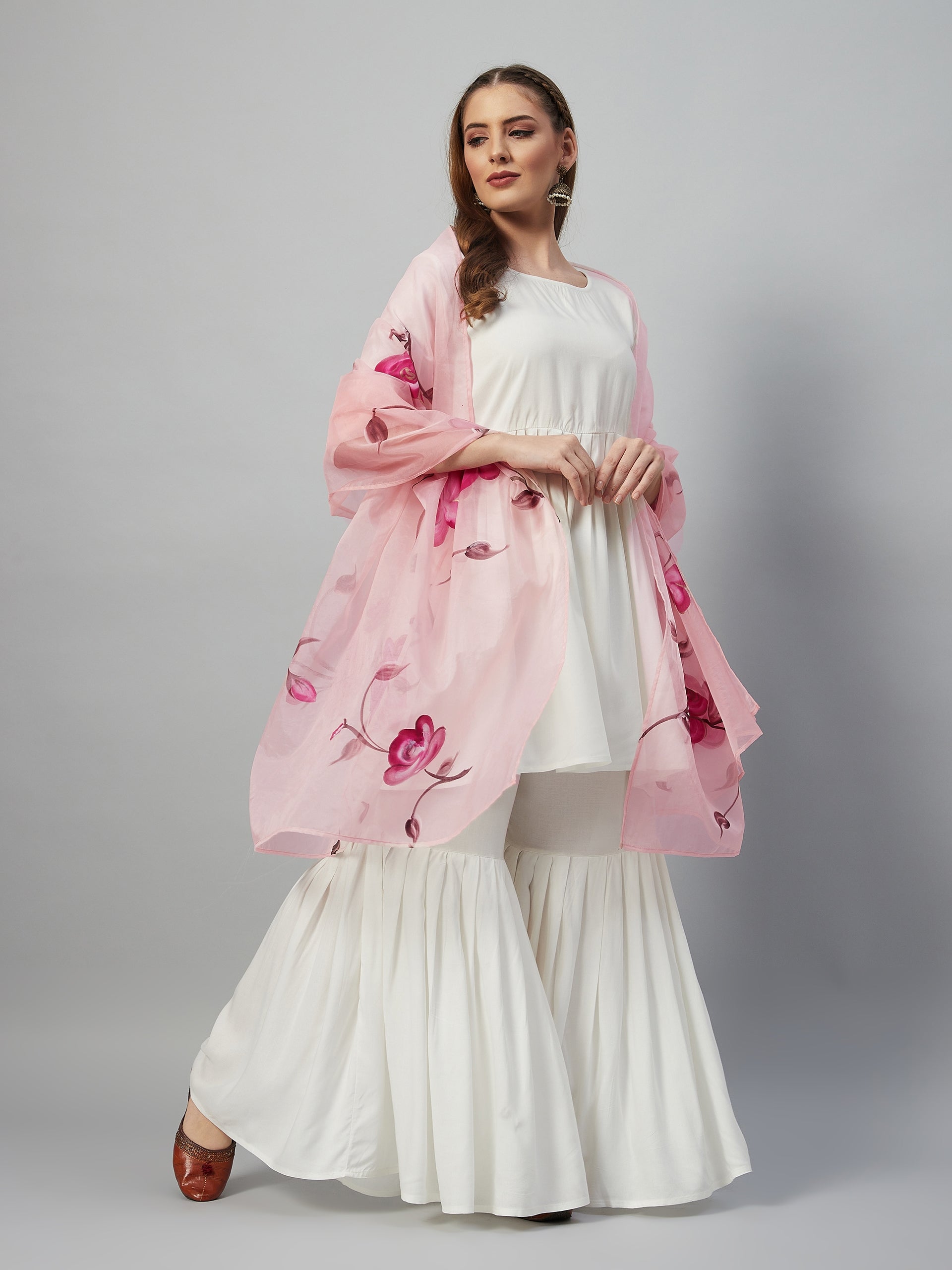 White Sharara Set - Pink Hand Print Dupatta
