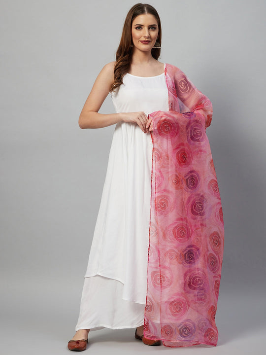 White Strappy Kurta Set - Peach Pink Floral Dupatta