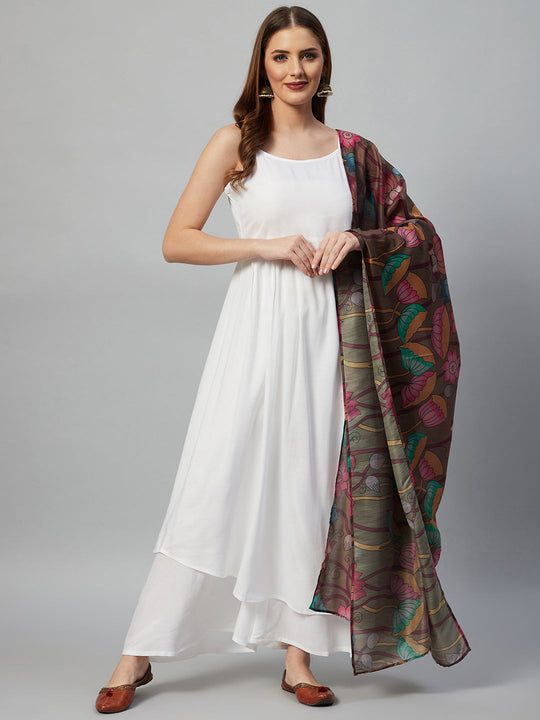 White Strappy Set - Brown Muslin Print Dupatta