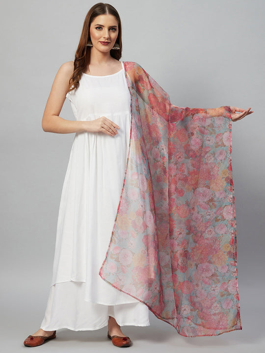 White Strappy Set - Green Organza Dupatta