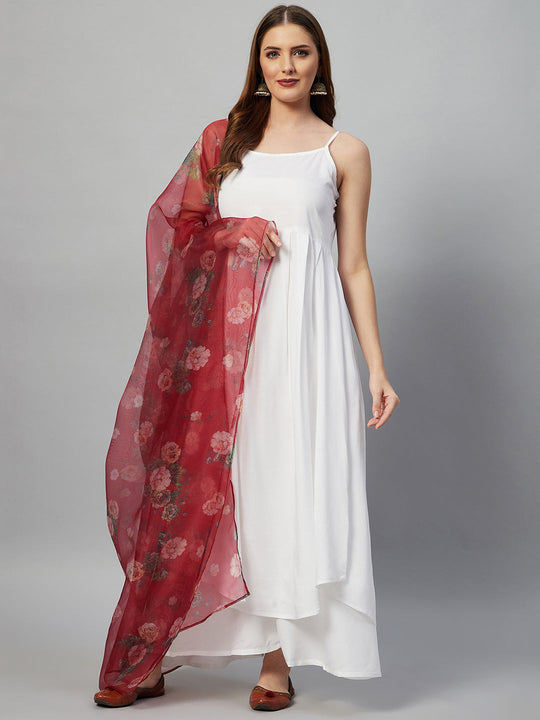 White Strappy Set - Maroon Organza Dupatta