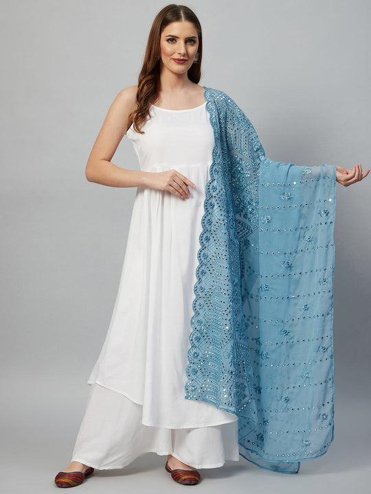 White Strappy Set -Maya Blue Mirror Dupatta
