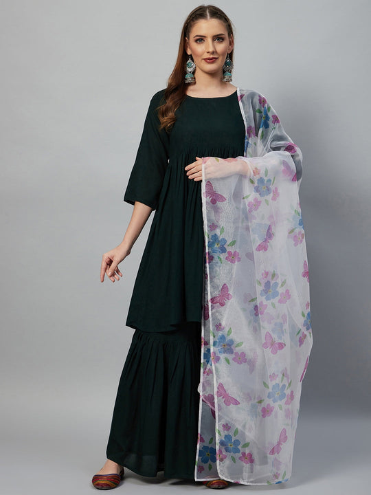 Dark Green Sharara Set - White Butterfly Dupatta