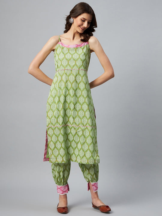 Green - Pink Strappy Kurta Pant Set