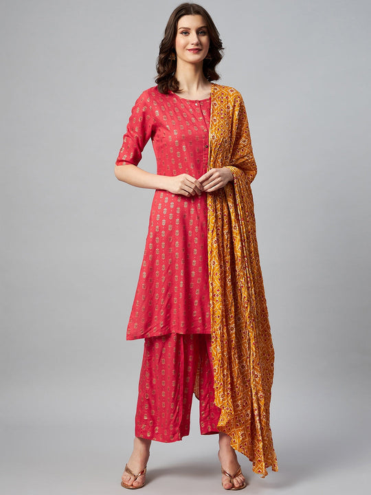 Red Gold Small Boota Kurta Set With Mustard Patola Dupatta