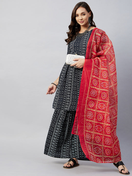 Black Bandhani Sharara Set Red Bandhej Kota Dupatta