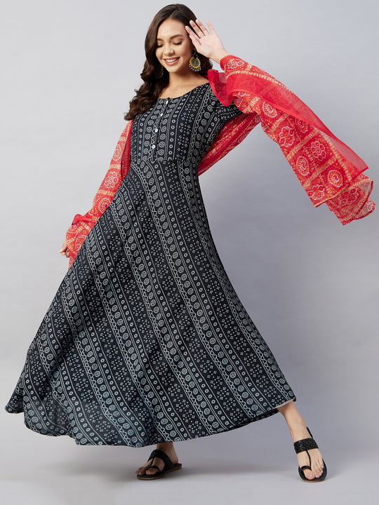 Black Bandhej Anarkali Red Bandhej Kota Dupatta