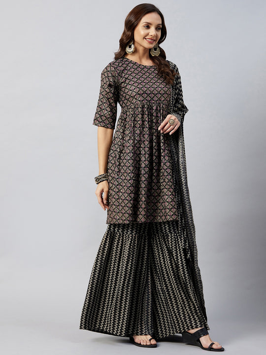 Black Zig Zag Foil Print Sharara Set
