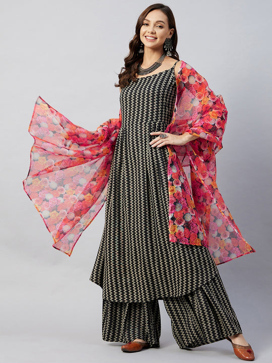Black Zig Zag Strappy Red Rose Print Organza Dupatta