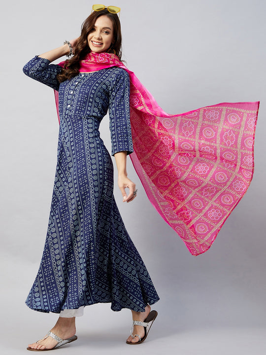 Blue Bandhani Anarkali Pink Bandhej Kota Dupatta