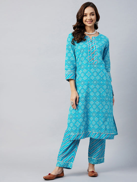 Blue Bandhej Gota Straight Kurta Set