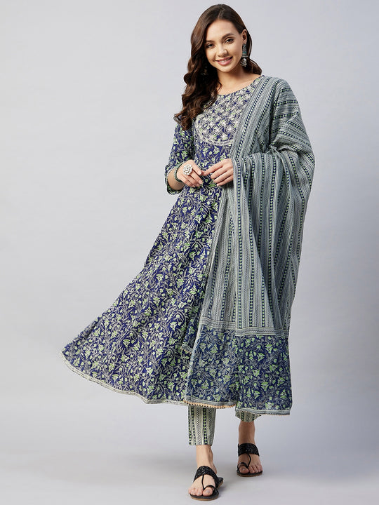 Blue Floral Mirror Work Anarkali Kurta Set
