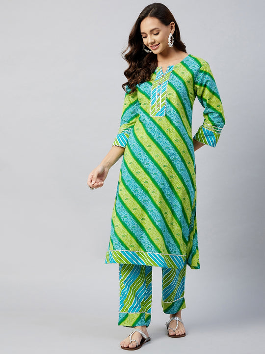 Blue Lime Green Lehriya Straight Kurta Set