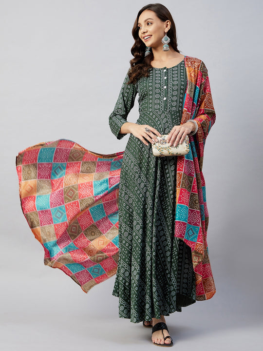 Green Bandhani Anarkali Multi Bandhej Dupatta