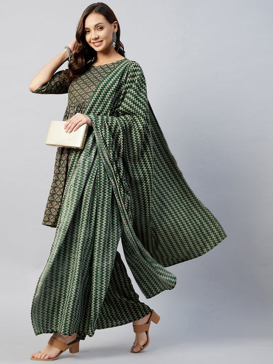 Green Zig Zag Foil Print Sharara Set