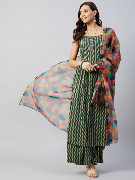 Green Zig Zag Strappy Maroon Abstract Organza Dupatta
