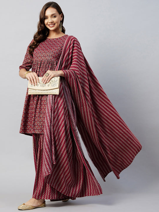 Maroon Zig Zag Foil Print Sharara Set