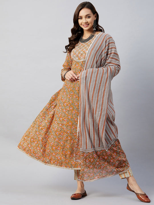 Mustard Mirror Work Anarkali Kurta Set
