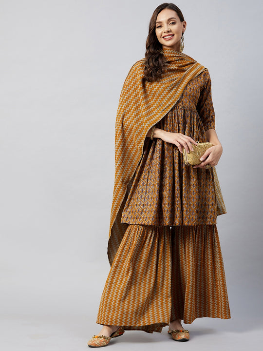 Mustard Zig Zag Foil Print Sharara Set