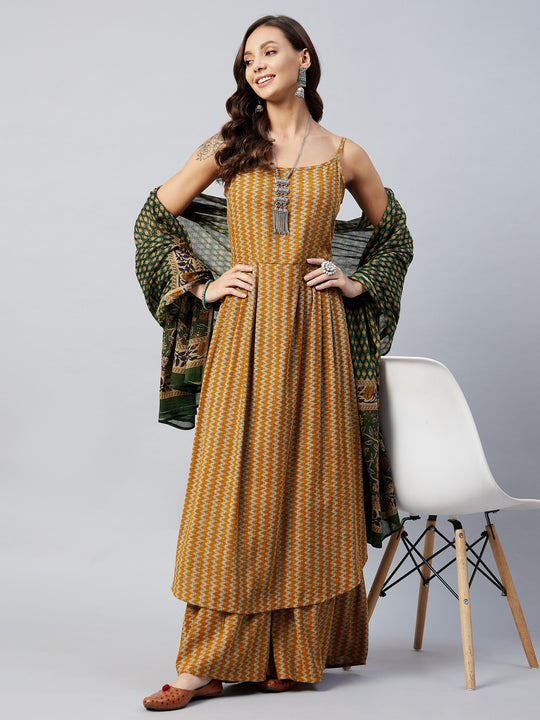 Mustard Zig Zag Strappy Set Mustard Green Floral Print Dupatta