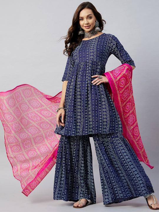 Blue Bandhani Sharara Set Pink Bandhej Kota Dupatta