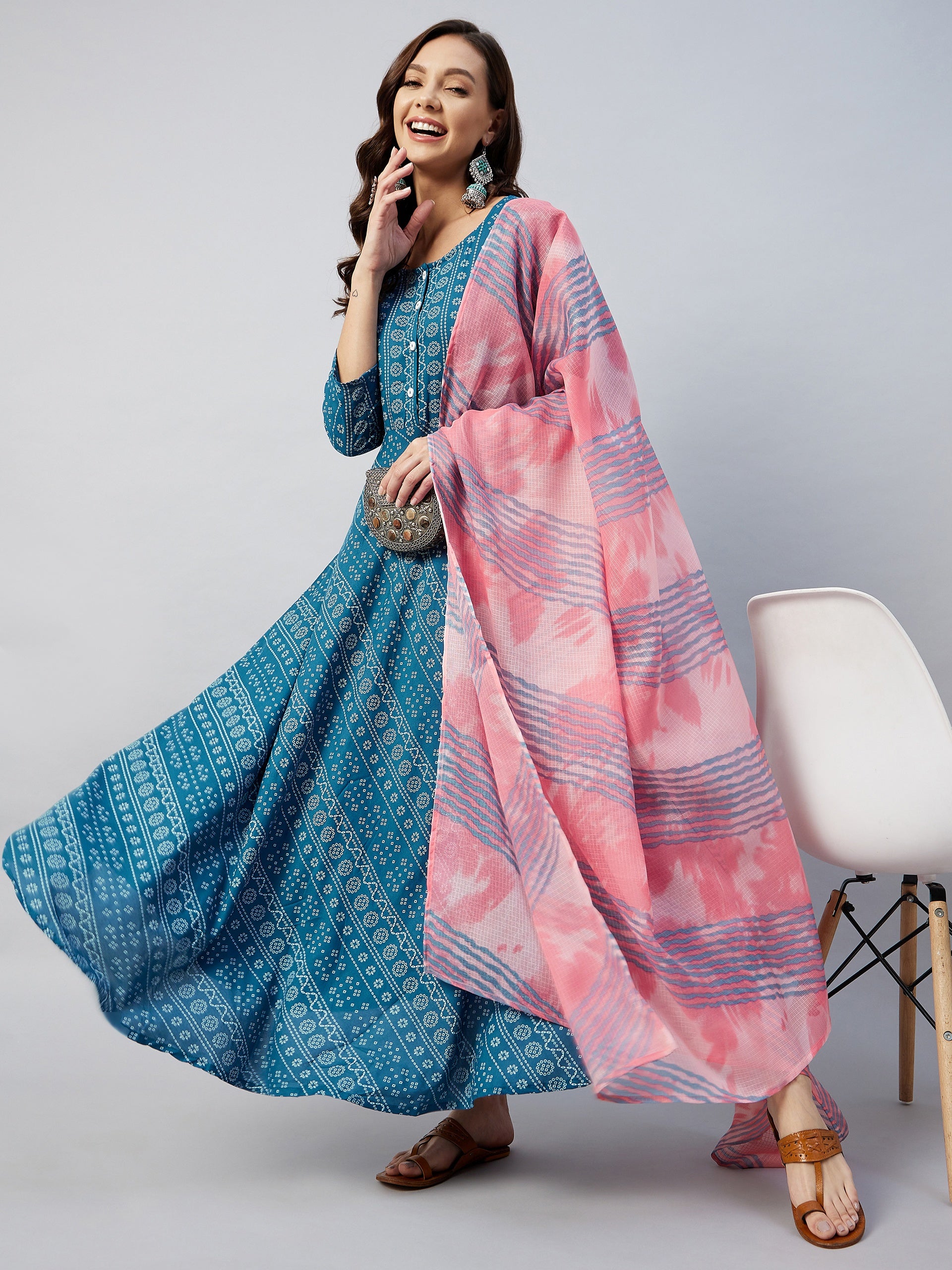 Ocean Bandhani narkali Kurta Pink Kota Dupatta Set
