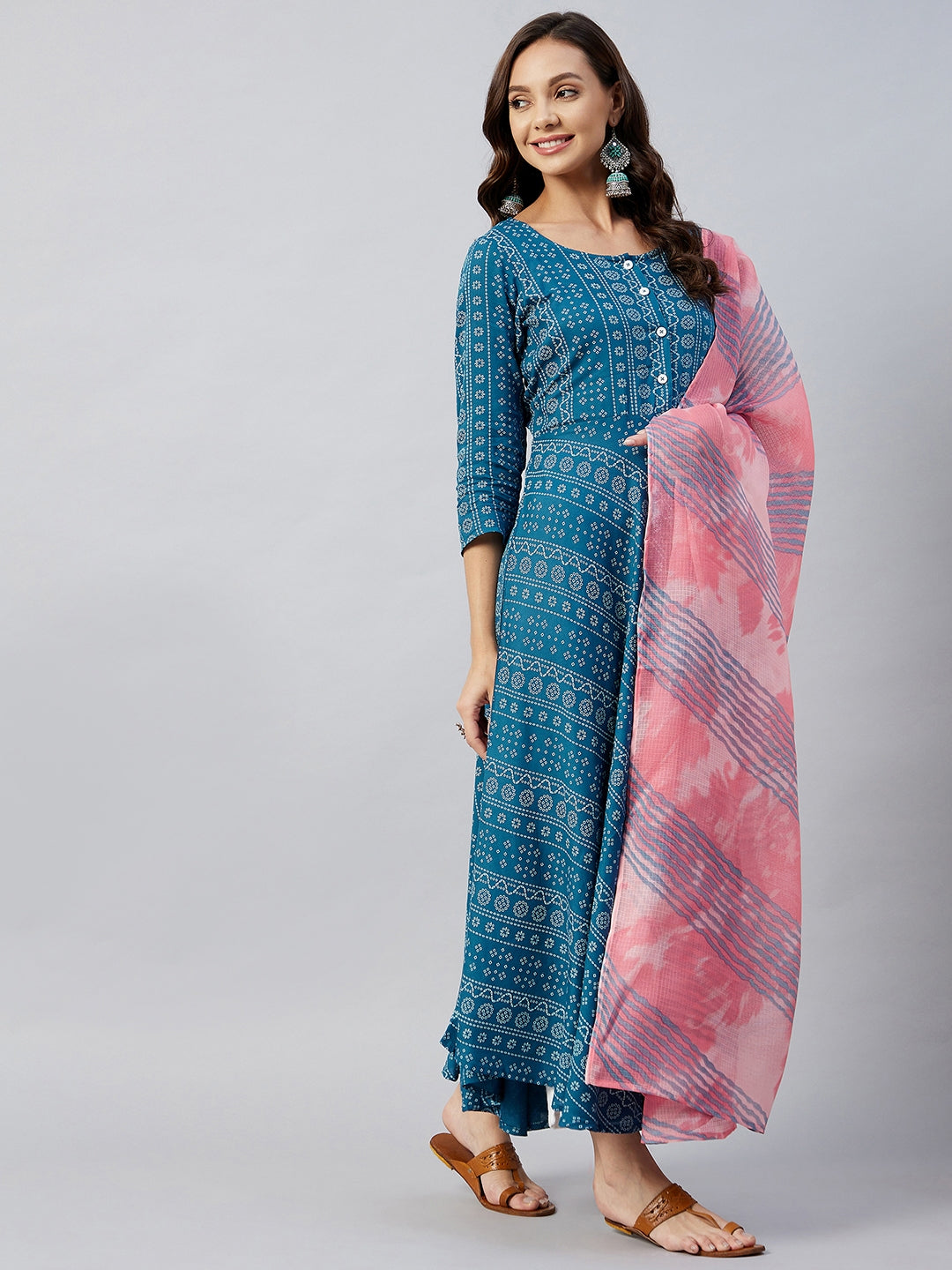 Ocean Bandhani narkali Kurta Pink Kota Dupatta Set