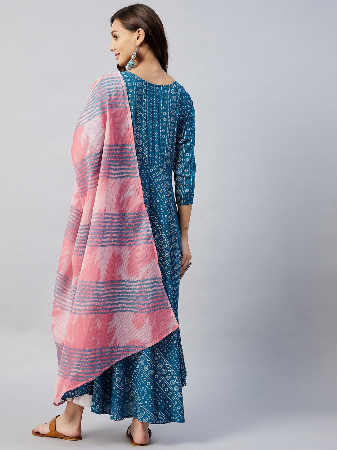 Ocean Bandhani narkali Kurta Pink Kota Dupatta Set