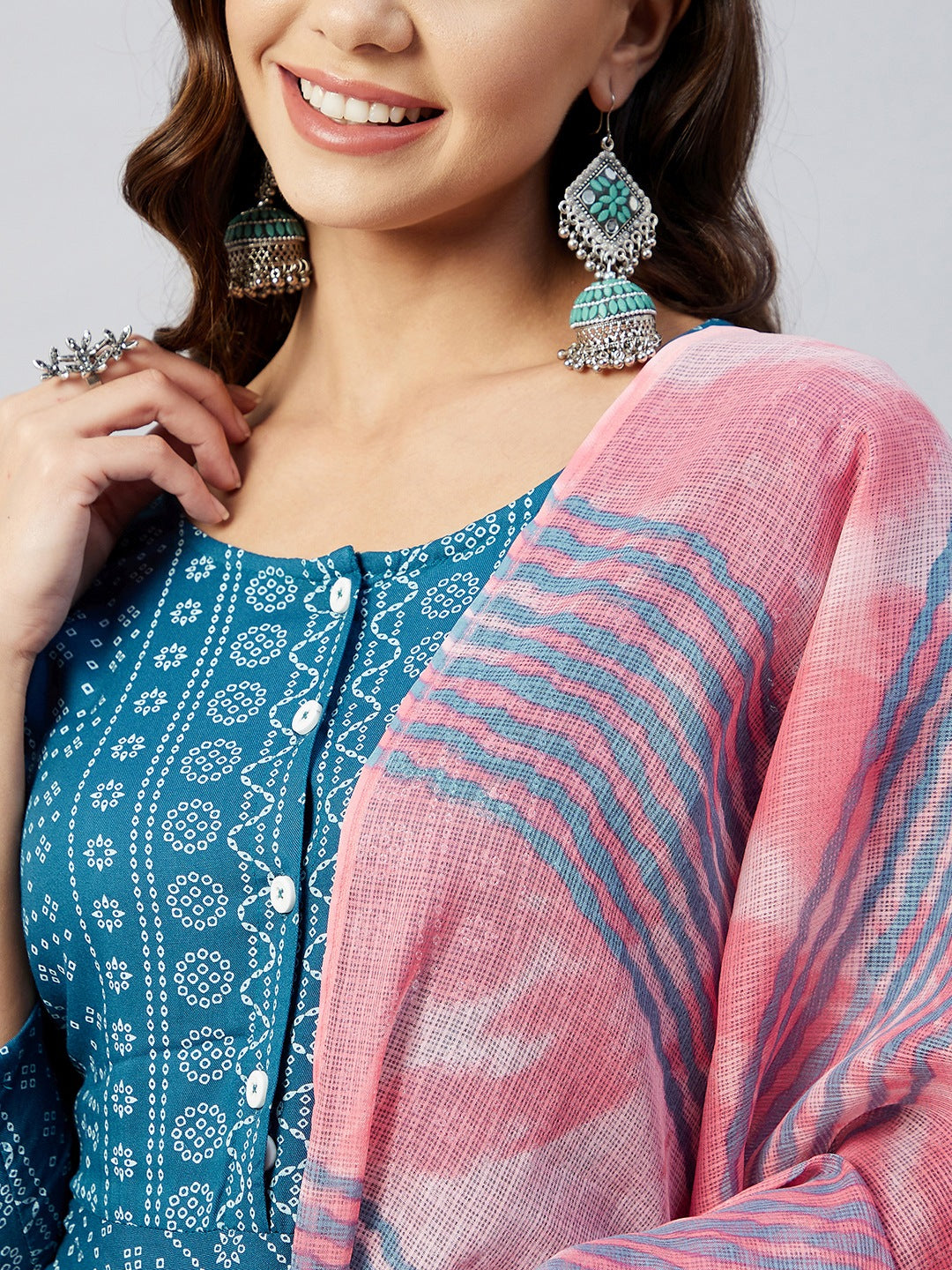 Ocean Bandhani narkali Kurta Pink Kota Dupatta Set