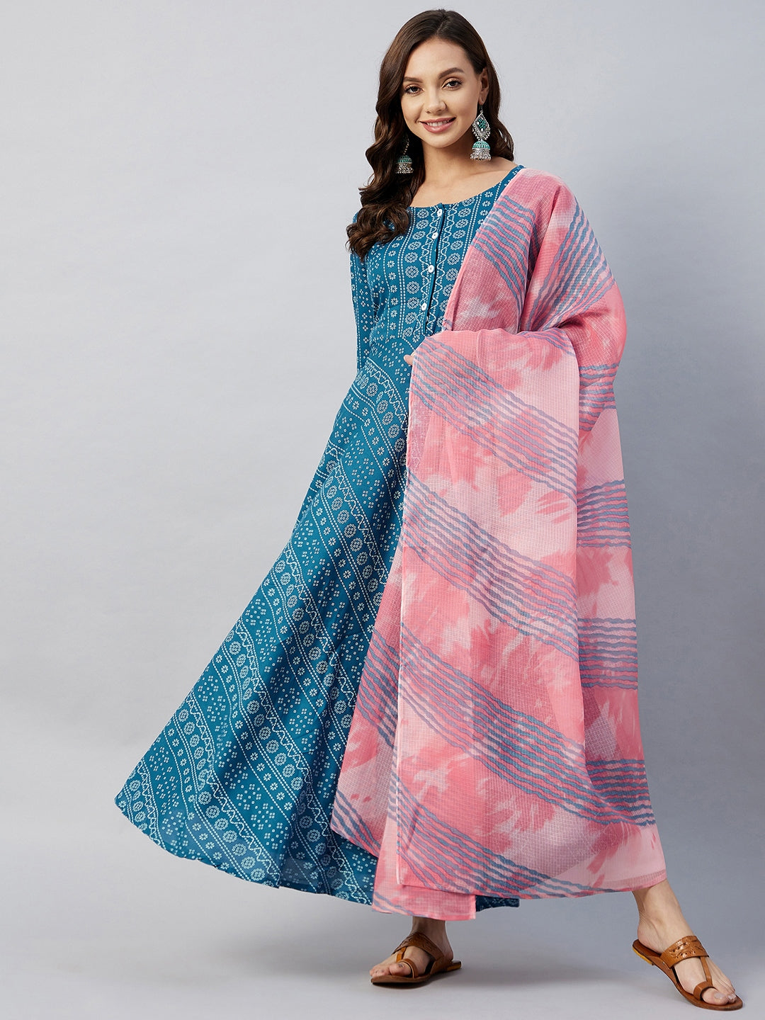 Ocean Bandhani narkali Kurta Pink Kota Dupatta Set