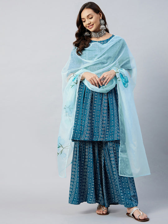 Ocean Blue Bandhej Sharara Set Blue Hand Print Dupatta