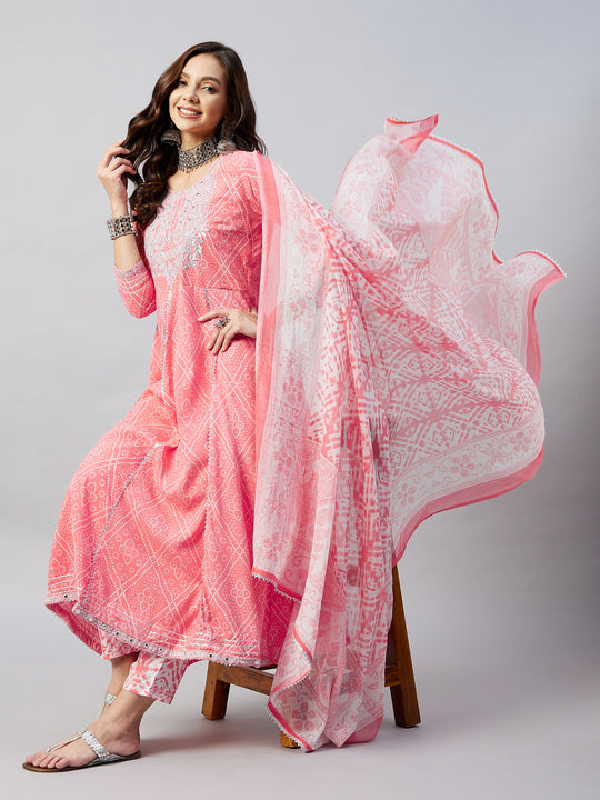Peach Bandhej Mirror Work Anarkali Kurta Set