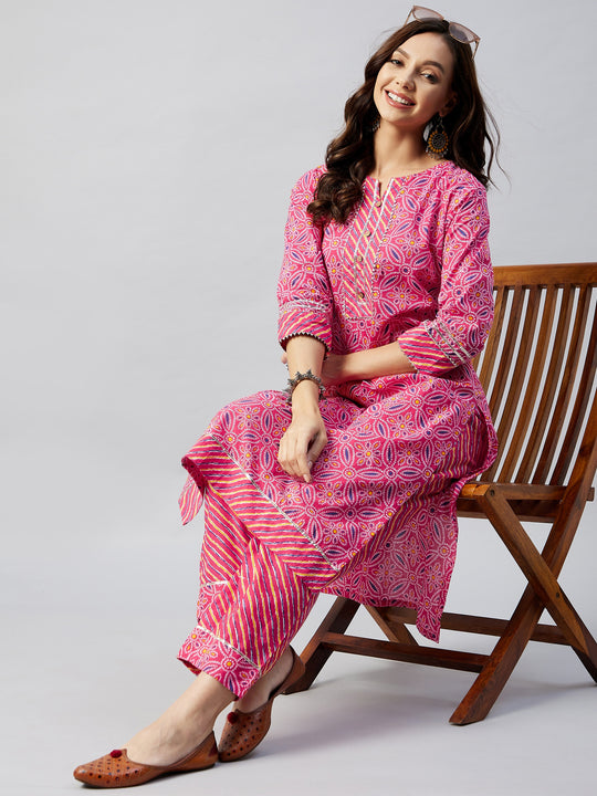 Pink Bandhej Gota Straight Kurta Set