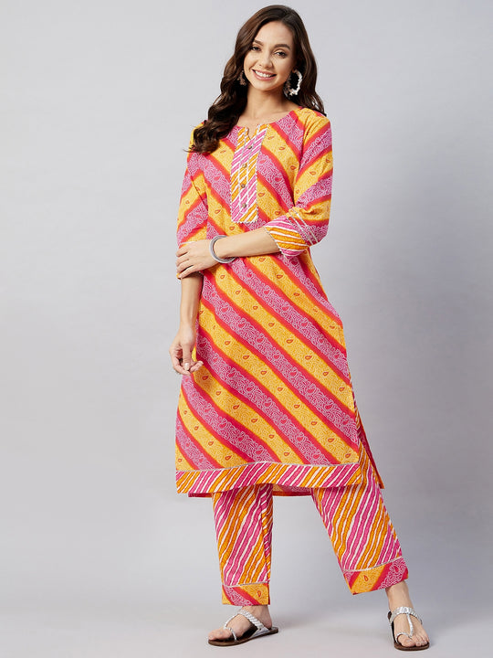 Pink Mustard Lehriya Straight Kurta Set
