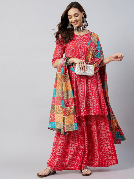Red Bandhej Sharara Set Multibandhej Dupatta