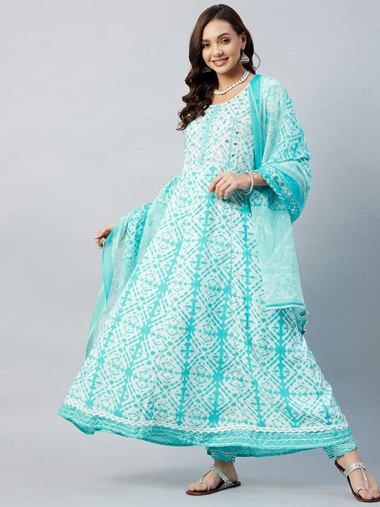 Sky Blue Tie & Dye Mirror Work Kurta Set