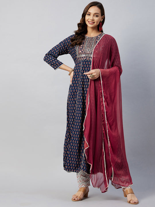 Navy Blue Mirror Work Kurta Set