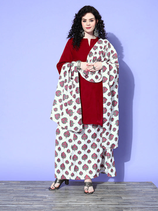Maroon Velvet Kurta Printed Skirt Dupatta Set